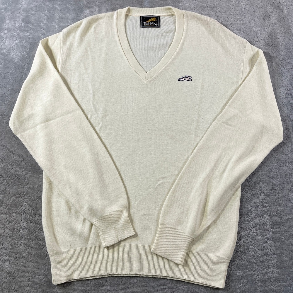 Vintage The Hare Montgomery Ward Sweater Mens Large Cream V‎ Neck Knit Preppy